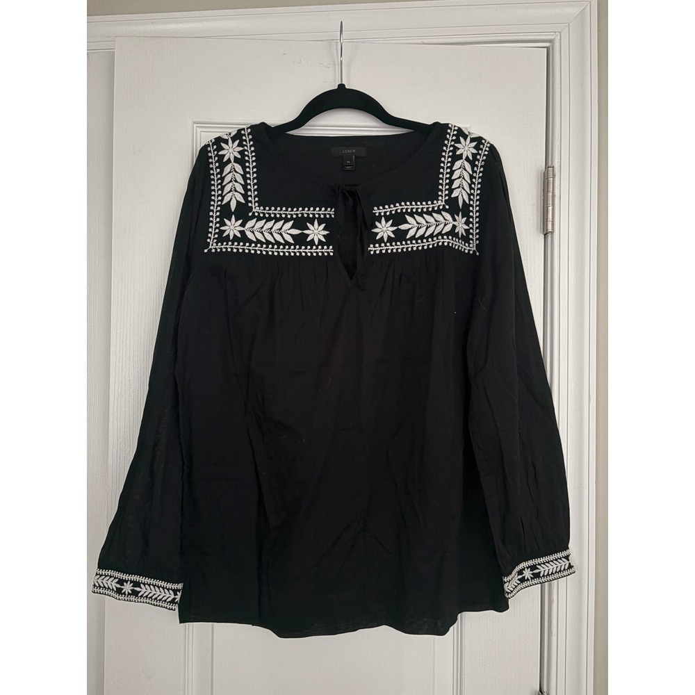 J.Crew Black Embroidered Cotton Peasant Blouse Long Sleeve Boho Top Size XS